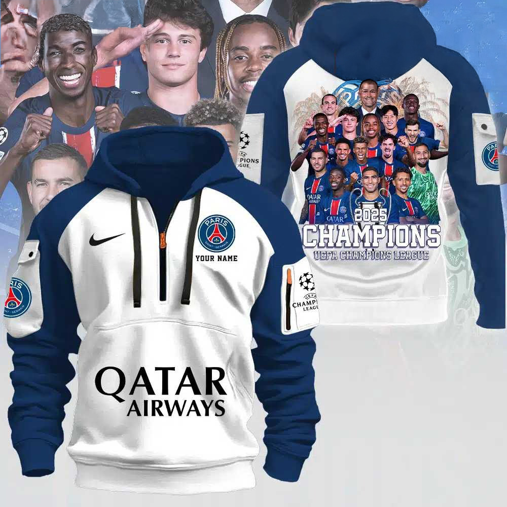 2025 Paris Saint-Germain Champions Hoodie PSG Merch UEFA Champions League Quarter Zip Hoodie White