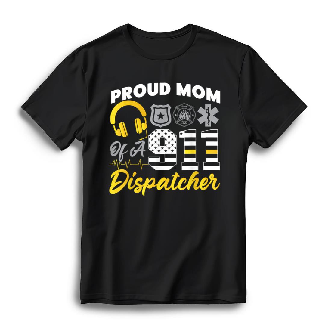 911 Dispatcher Thin Gold Line American Flag Proud Mom T-Shirt - Black, XL