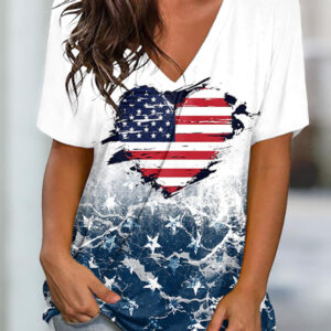 American Flag Star Heart V-Neck Shirt 4Th Of July Gifts For Women - Blue, 3XL