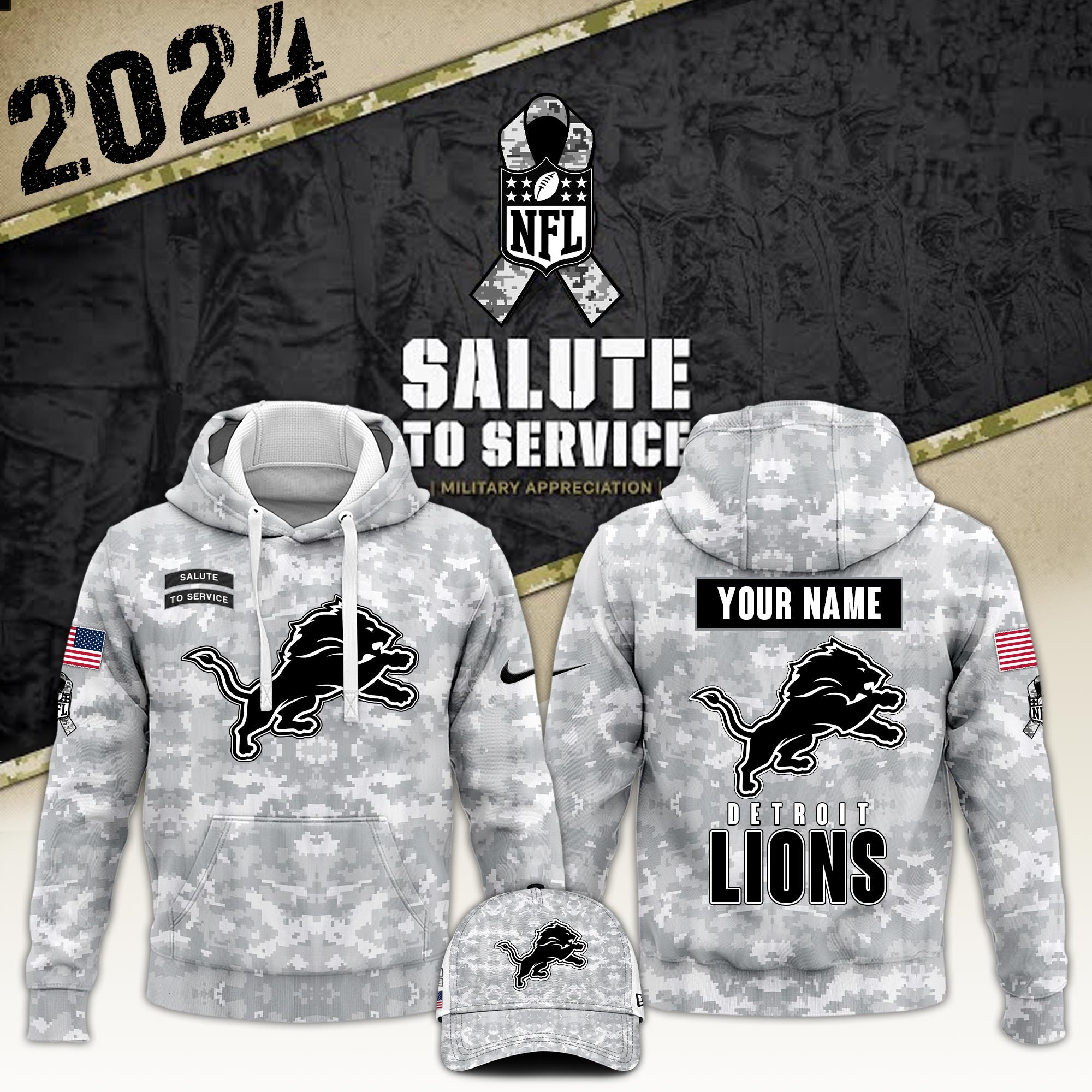 Arctic Camo Detroit Lions 2024 Salute to Service Club Hoodie 2024  Edition, Salute to Service 2024