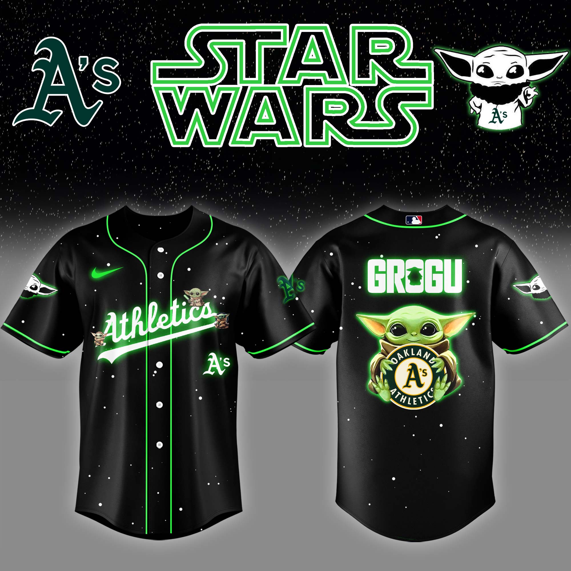 Athletics x Stars Wars Grogu Night Baseball Jersey Baseball Father's Day Gifts - Black, L