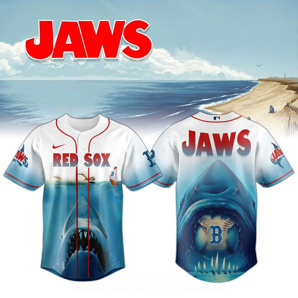 Boston Red Sox X Jaws 50Th Anniversary Jersey 2025 Boston Red Sox Merch Dad Gifts