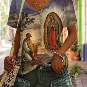 Catholic Faith Virgin Mary V-Neck T-shirt Women's Art Print Mother Mary Tee Shirts