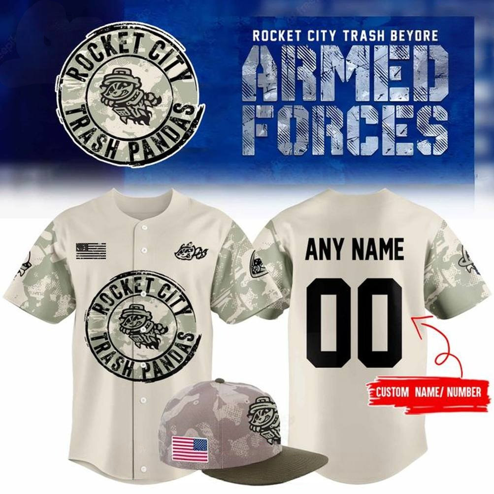 Custom Rocket City Trash Pandas Armed Forces Camo Baseball Jersey Baseball Lover Gift Ideas
