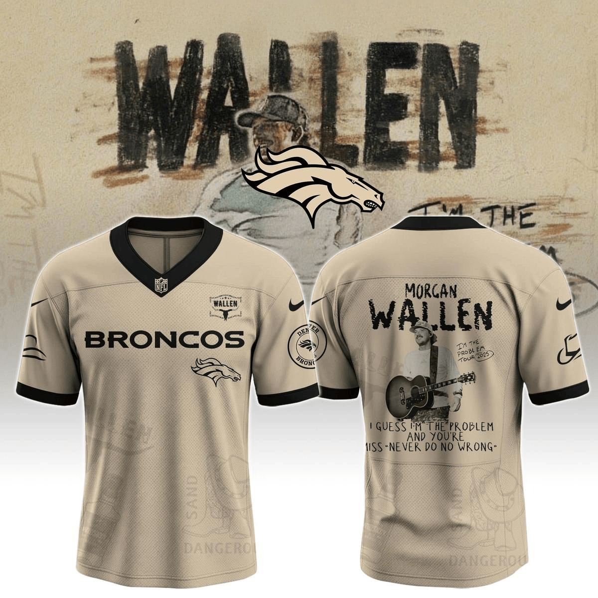 Denver Broncos X Morgan Wallen I'm The Problem Tour 2025 Football Jersey Denver Broncos Merch