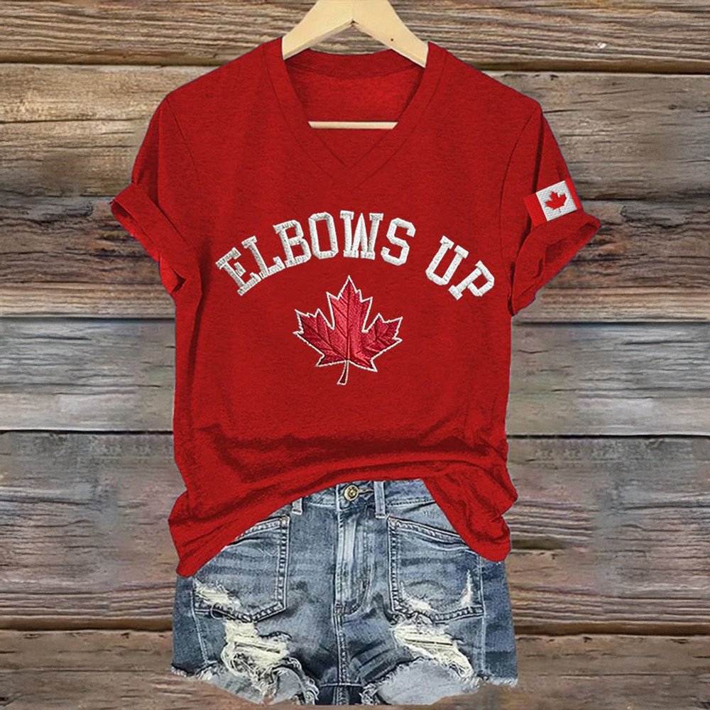 Elbows Up Canada V-Neck T-Shirt For Women's Anti Trump Political Apparel Gifts For Canadian