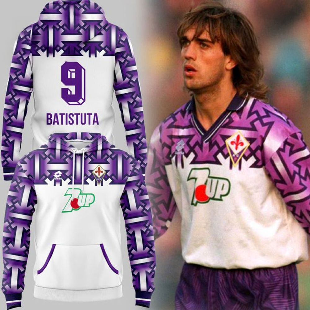 Fiorentina 1992 93 Away Kit 9 Batistuta Hoodie ACF Fiorentina Merch Perfect Father's Day Gifts