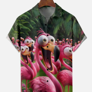 Flamingo Funny Shock Art Chest Pocket Hawaiian Shirt