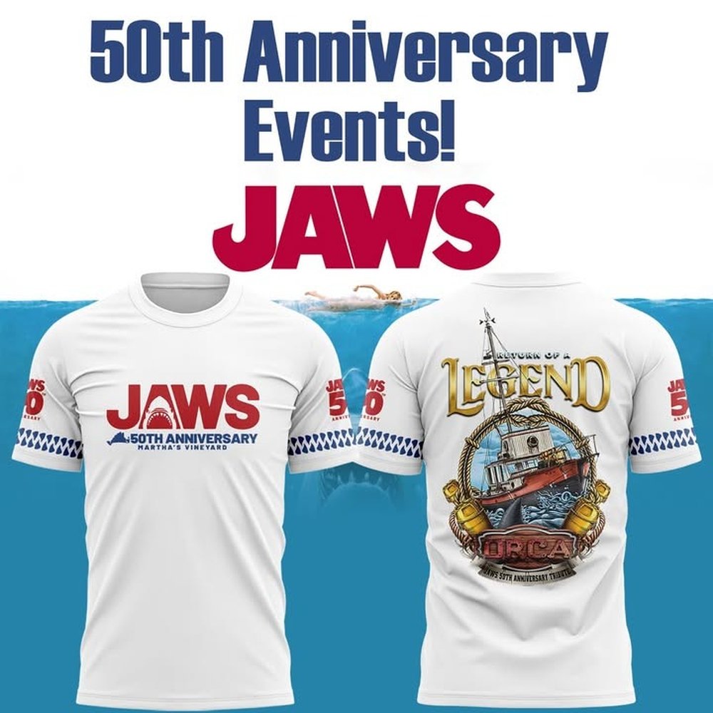 JAWS 50th Anniversary Martha's Vineyard 2025 T-Shirt JAWS Merch Best Gift For Fans - White, L