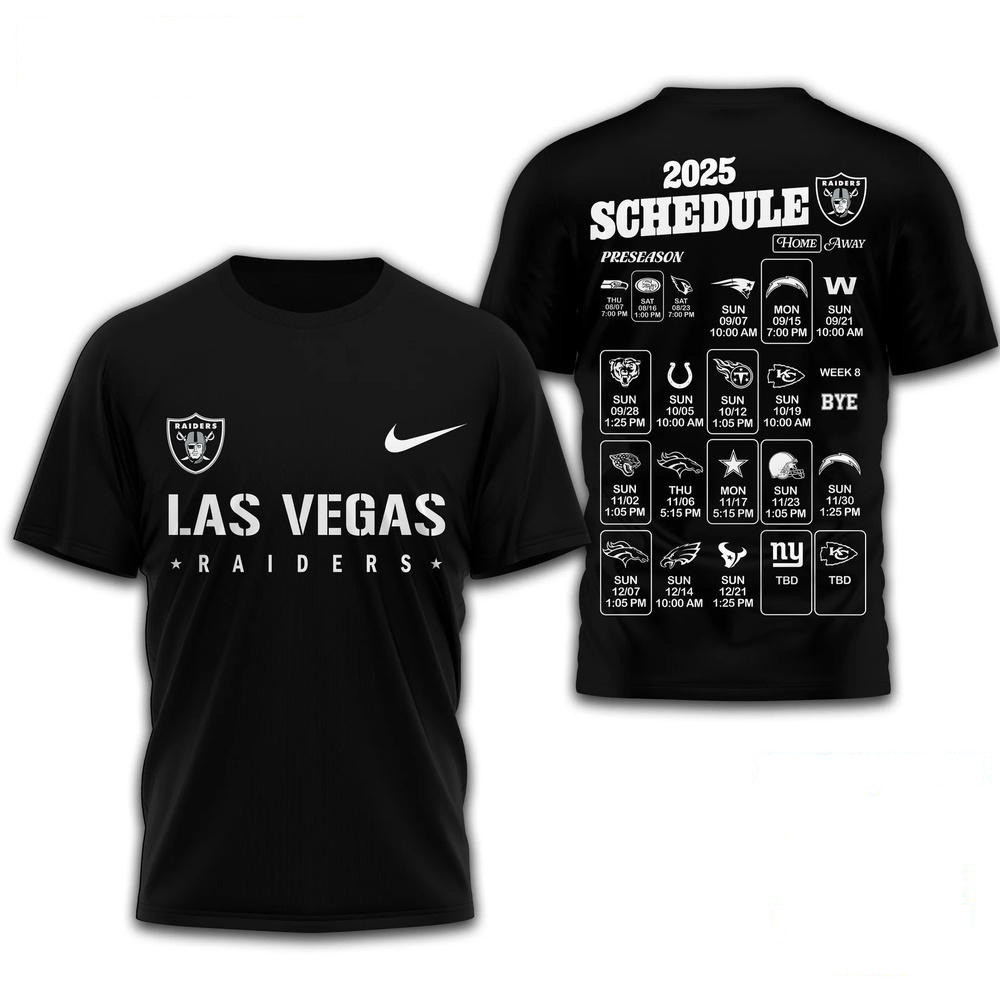 NFL Las Vegas Raiders 2025 Schedule 2025 Black Shirt Las Vegas Raiders Merch Gift For Husband