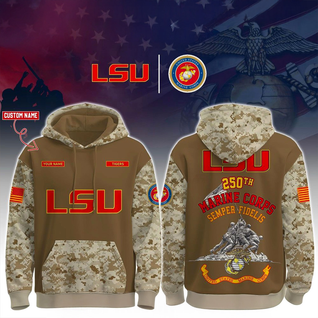Personalized LSU Tigers USMC 250Th Birthday Hoodie LSU Tigers Merch Gifts For Marines