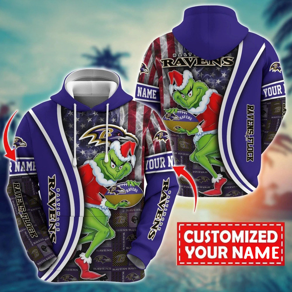 Personalized NFL Baltimore Ravens Grinch Hoodie Football Themed Gifts