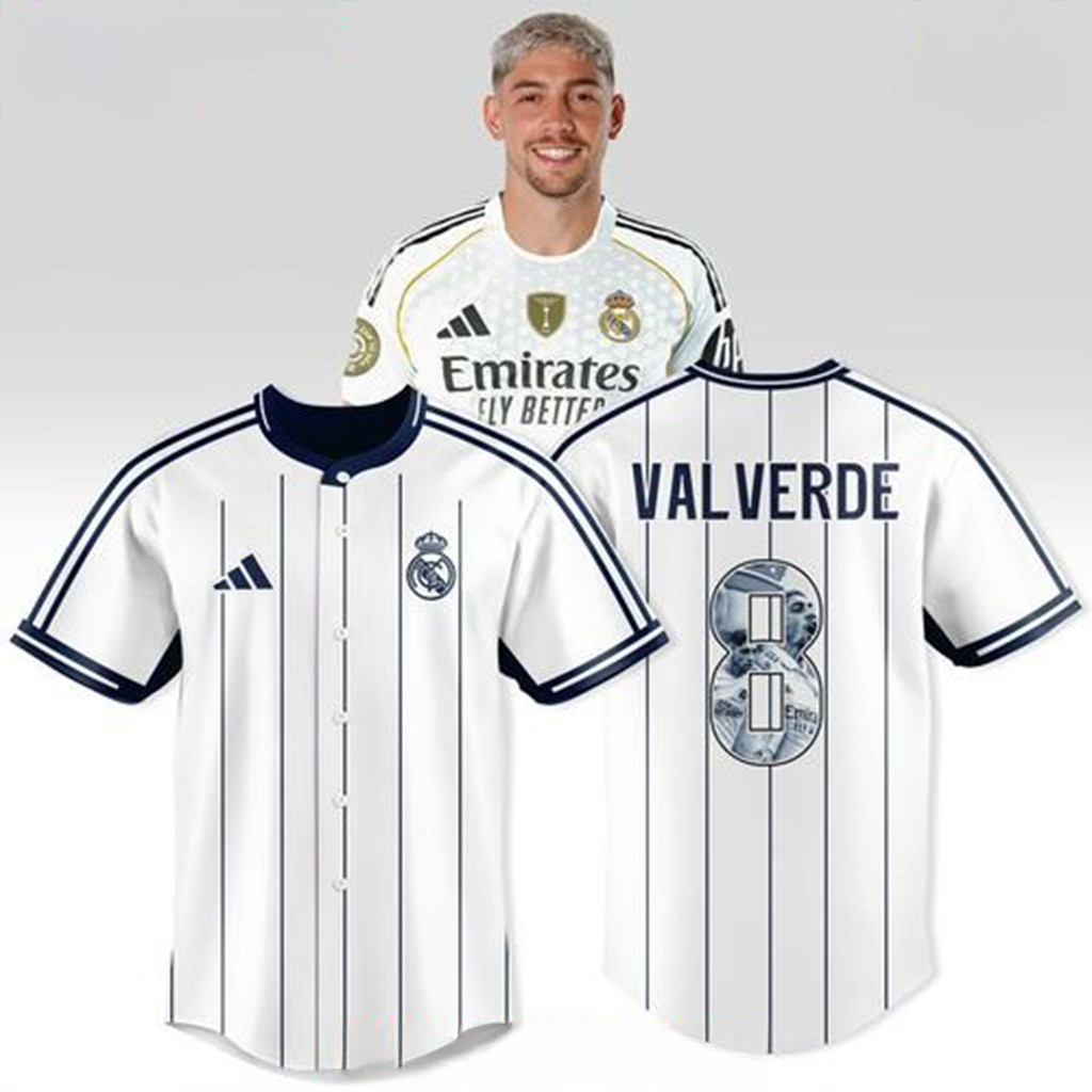 Real Madrid Valverde 8 Pinstripe Baseball Jersey Fan Merch Gifts For Him