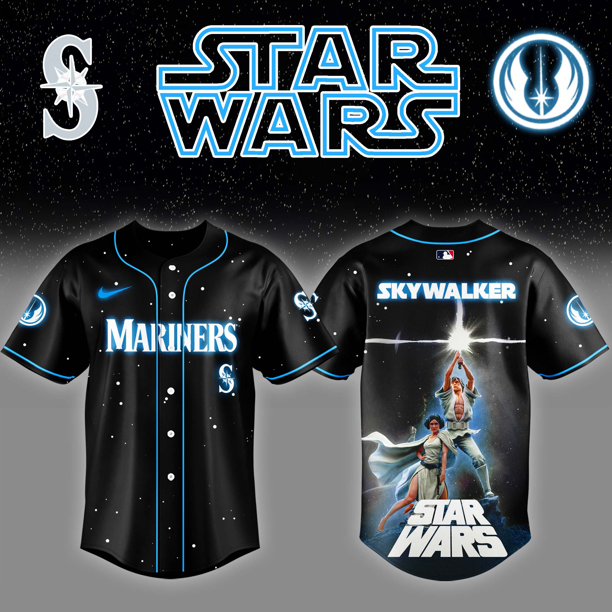 Seattle Mariners x Stars Wars Luke Skywalker Game Night Baseball Jersey Gift Ideas For Baseball Players - Black, L