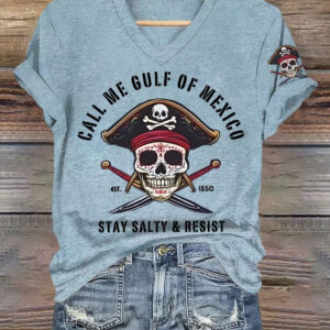 Sugar Skull Pirate Gulf Of Mexico EST 1550 Women's V-Neck Shirt Stay Salty And Resist