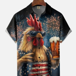 Tall Size Moisture-wicking American Flag Rooster Beer Chest Pocket Casual Shirt